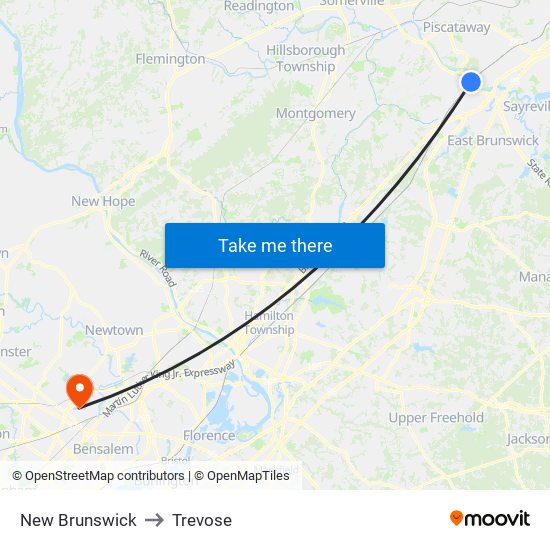 New Brunswick to Trevose map