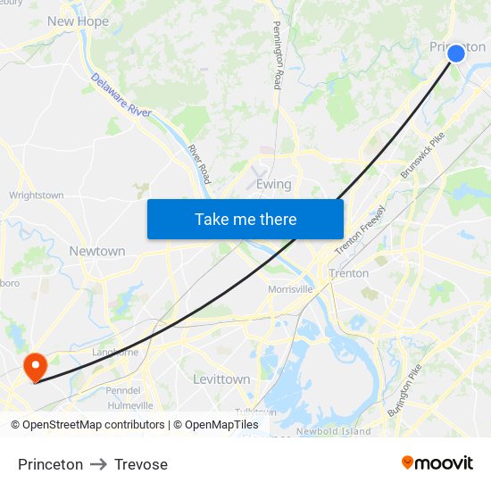 Princeton to Trevose map