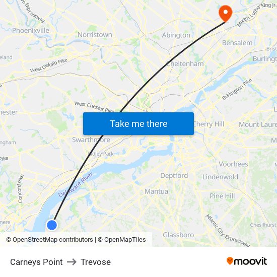 Carneys Point to Trevose map