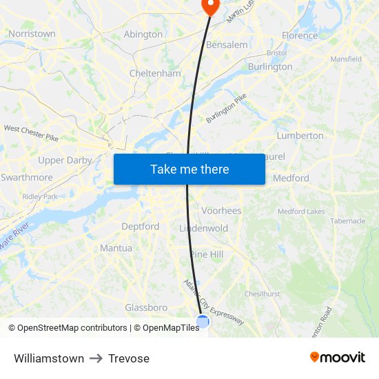 Williamstown to Trevose map