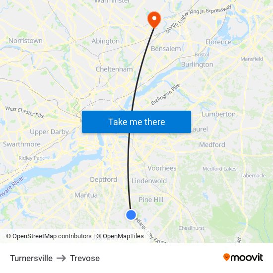 Turnersville to Trevose map