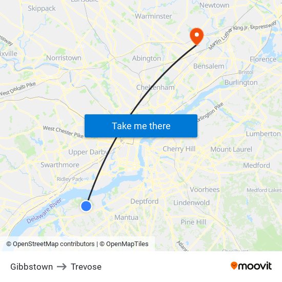 Gibbstown to Trevose map