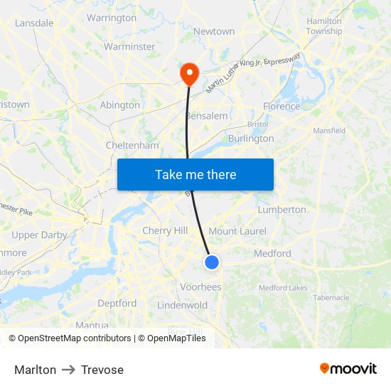 Marlton to Trevose map