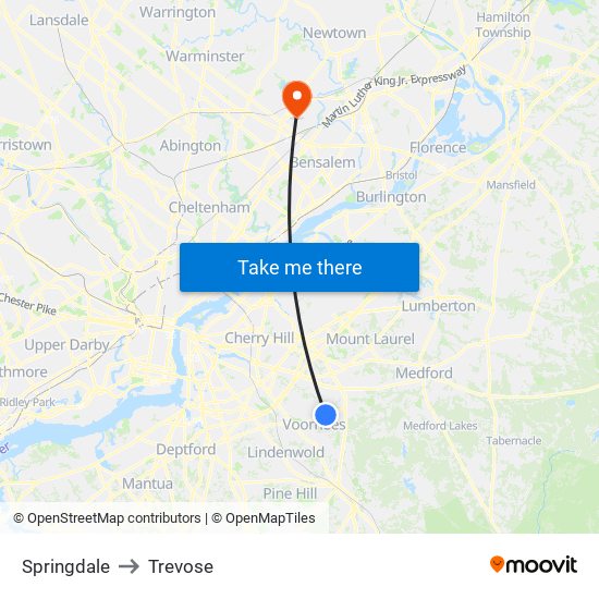 Springdale to Trevose map