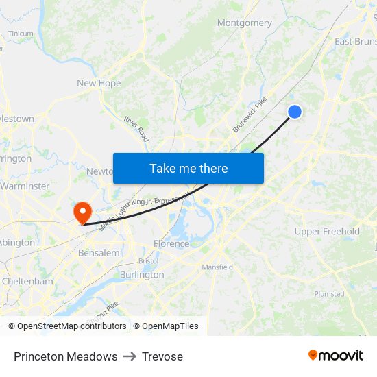 Princeton Meadows to Trevose map