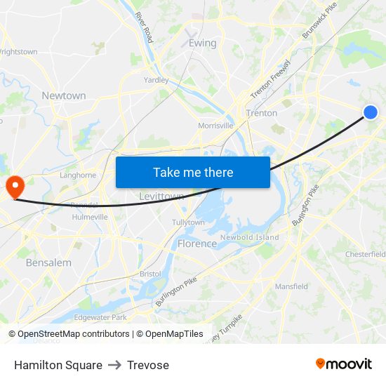 Hamilton Square to Trevose map