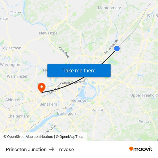 Princeton Junction to Trevose map