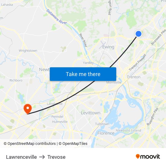 Lawrenceville to Trevose map