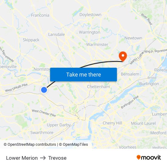 Lower Merion to Trevose map