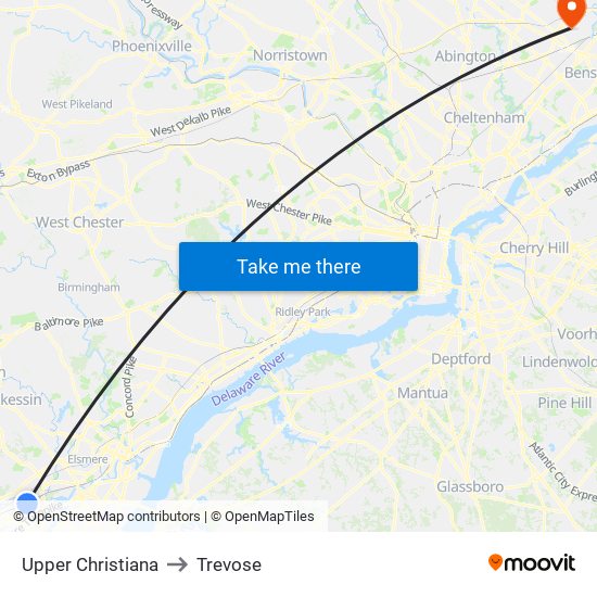 Upper Christiana to Trevose map