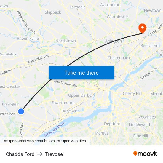 Chadds Ford to Trevose map