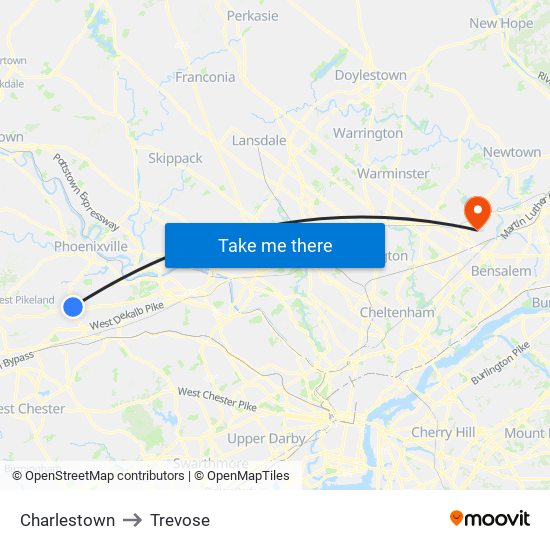 Charlestown to Trevose map
