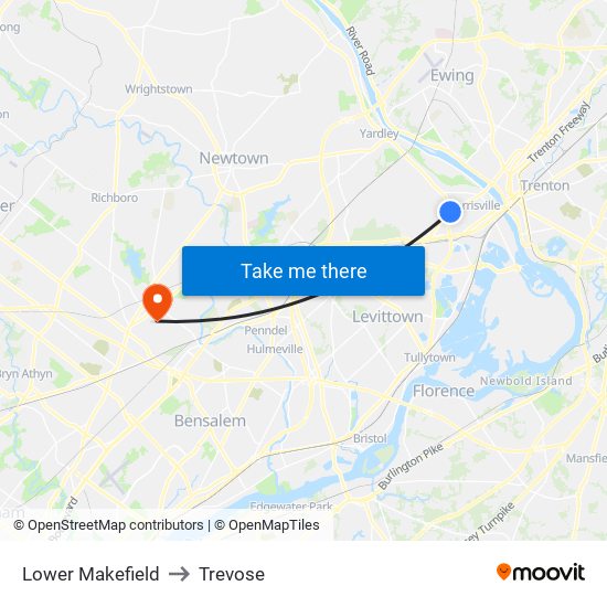 Lower Makefield to Trevose map