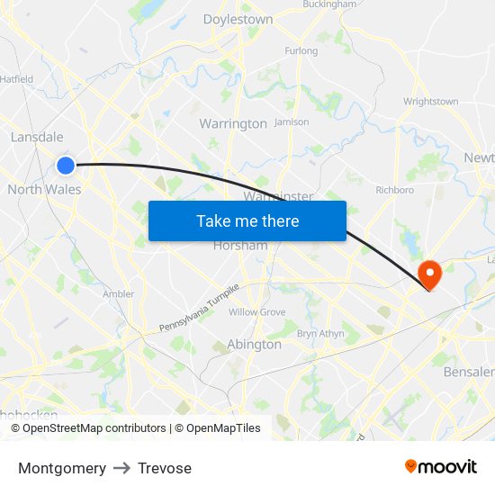 Montgomery to Trevose map