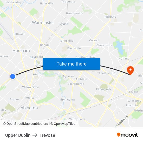 Upper Dublin to Trevose map