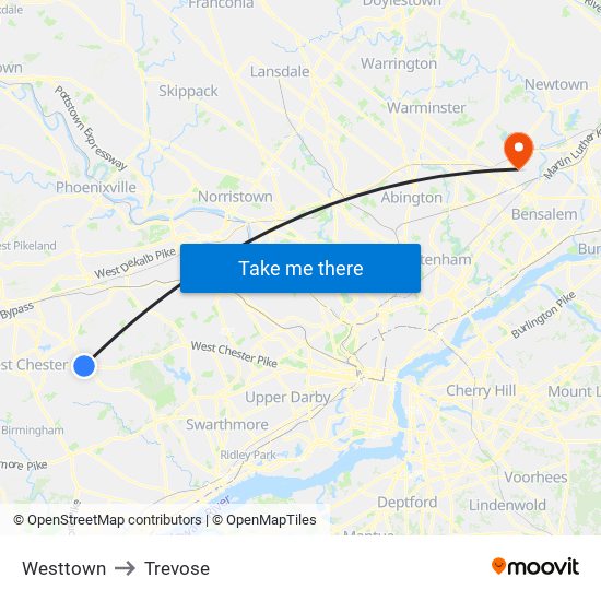 Westtown to Trevose map