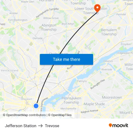 Jefferson Station to Trevose map