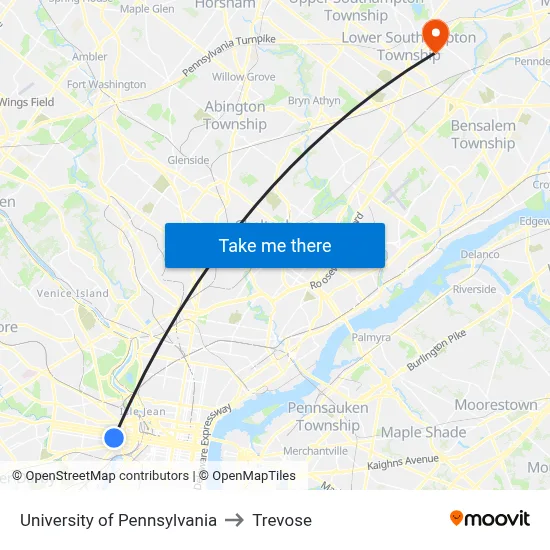 University of Pennsylvania to Trevose map