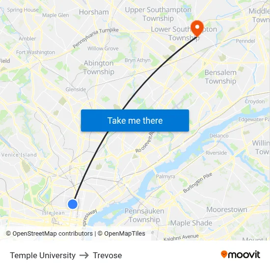 Temple University to Trevose map