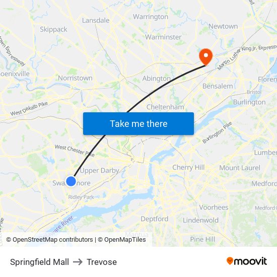 Springfield Mall to Trevose map