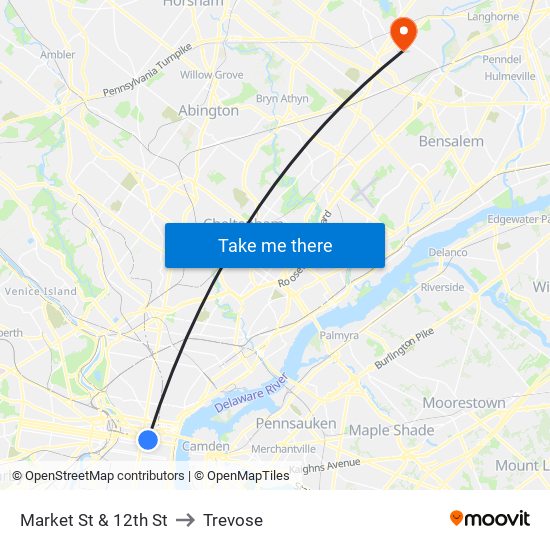 Market St & 12th St to Trevose map