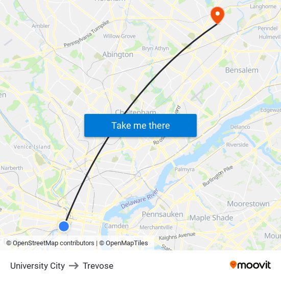 University City to Trevose map