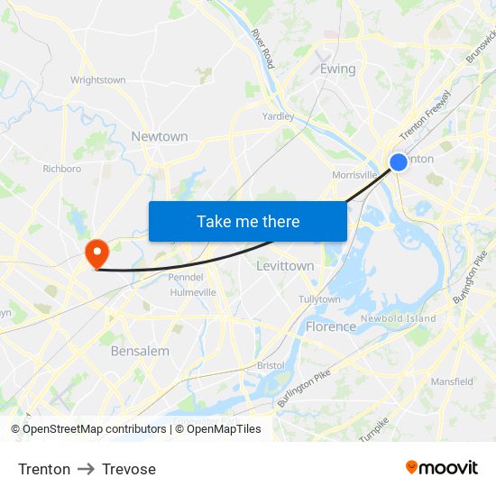 Trenton to Trevose map