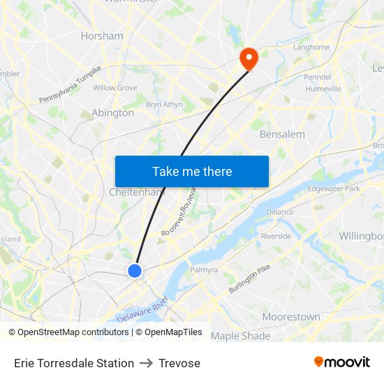 Erie Torresdale Station to Trevose map