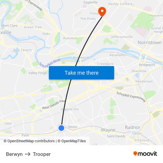 Berwyn to Trooper map