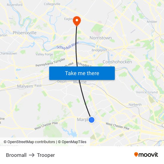 Broomall to Trooper map