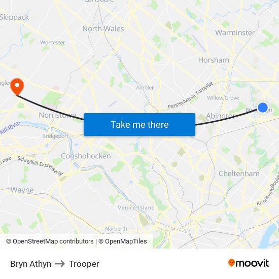 Bryn Athyn to Trooper map