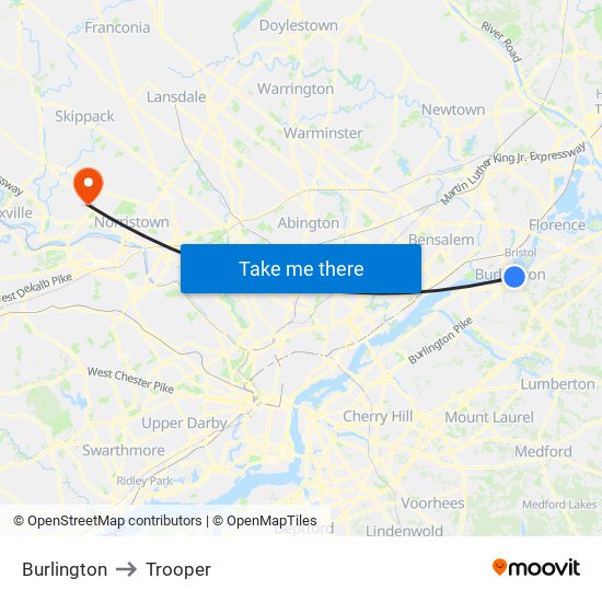 Burlington to Trooper map