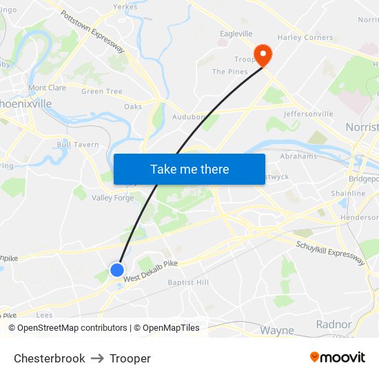 Chesterbrook to Trooper map