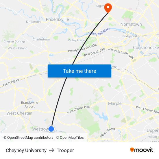 Cheyney University to Trooper map