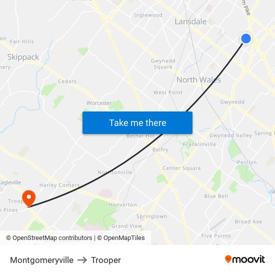 Montgomeryville to Trooper map