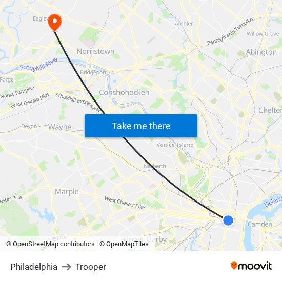 Philadelphia to Trooper map