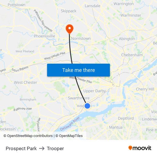 Prospect Park to Trooper map