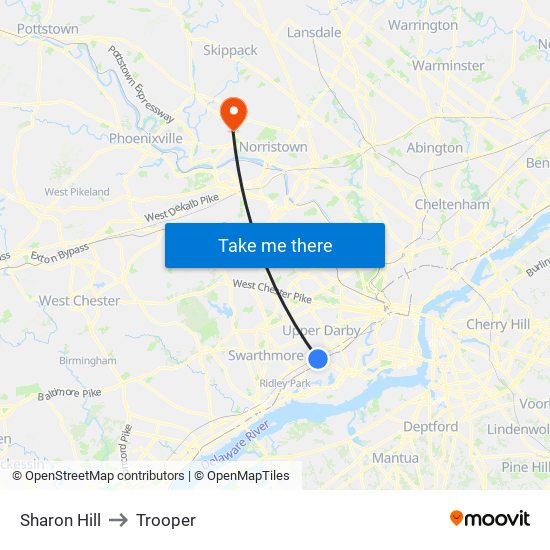 Sharon Hill to Trooper map