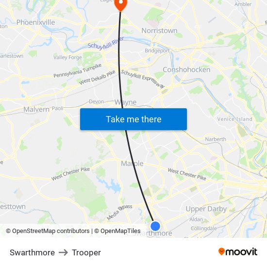 Swarthmore to Trooper map