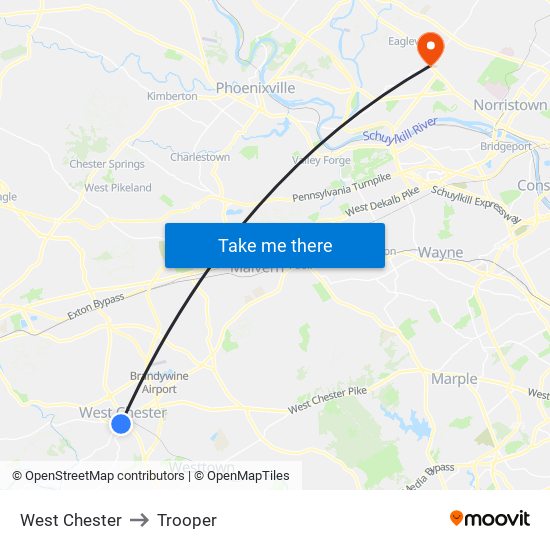 West Chester to Trooper map