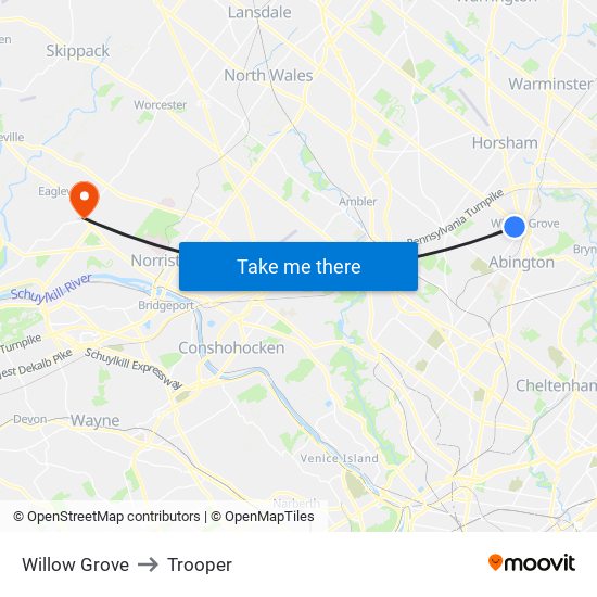 Willow Grove to Trooper map