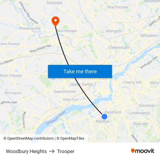 Woodbury Heights to Trooper map