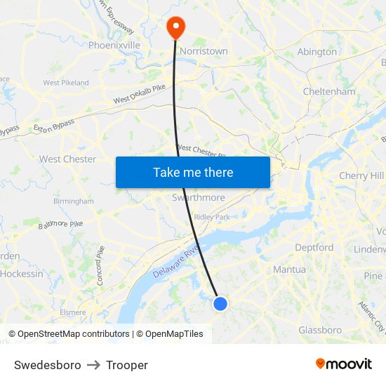 Swedesboro to Trooper map