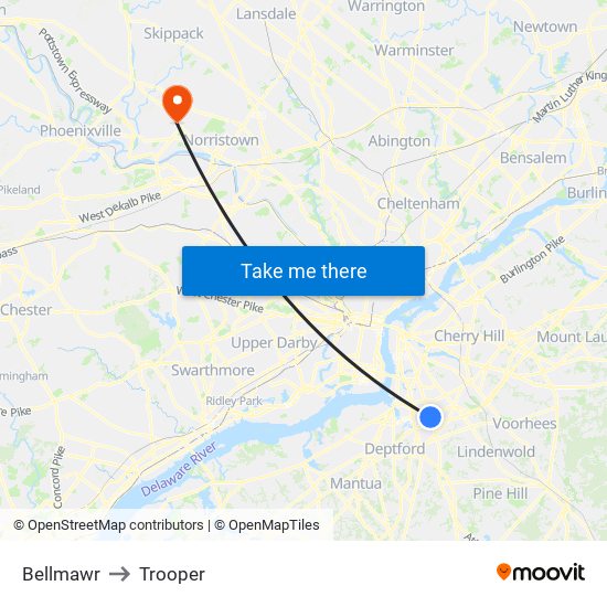 Bellmawr to Trooper map
