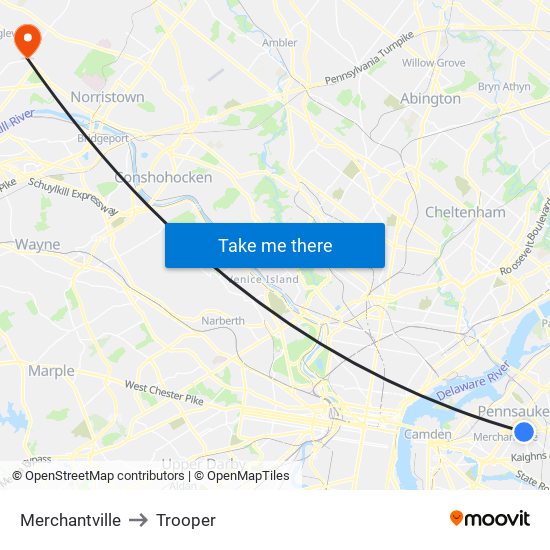 Merchantville to Trooper map