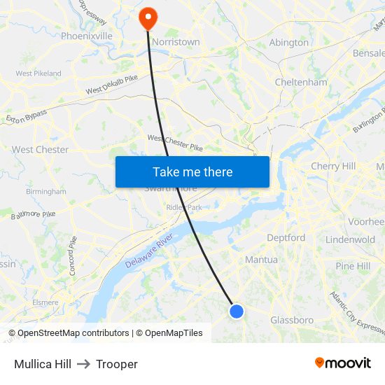 Mullica Hill to Trooper map