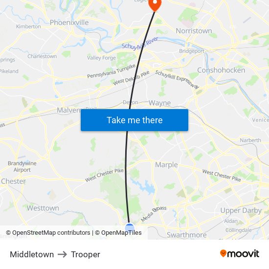 Middletown to Trooper map