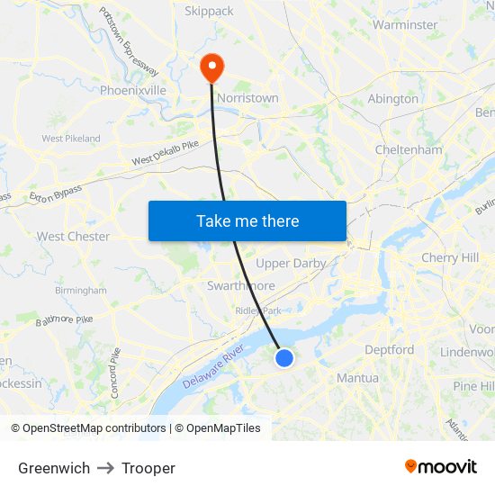 Greenwich to Trooper map