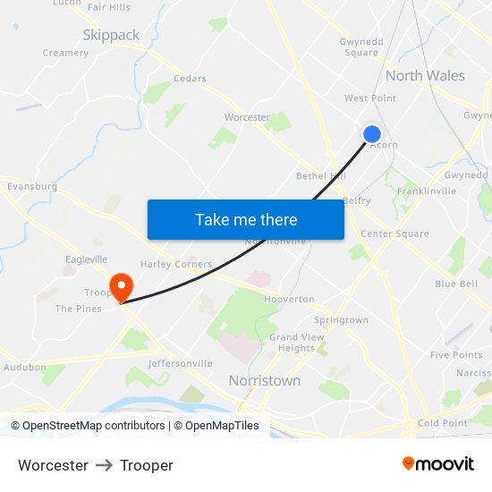 Worcester to Trooper map