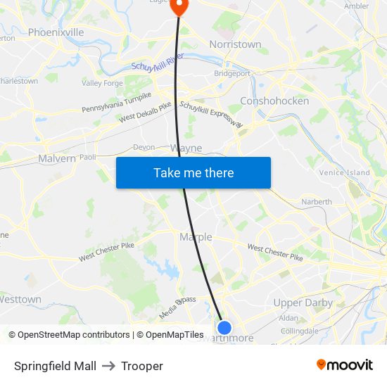 Springfield Mall to Trooper map